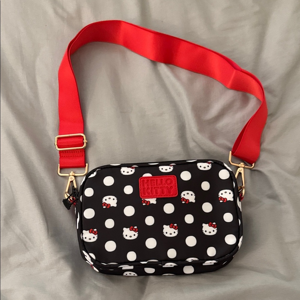 Hello Kitty Black and White Polka Dot Crossbody Bag with Adjustable Red Strap